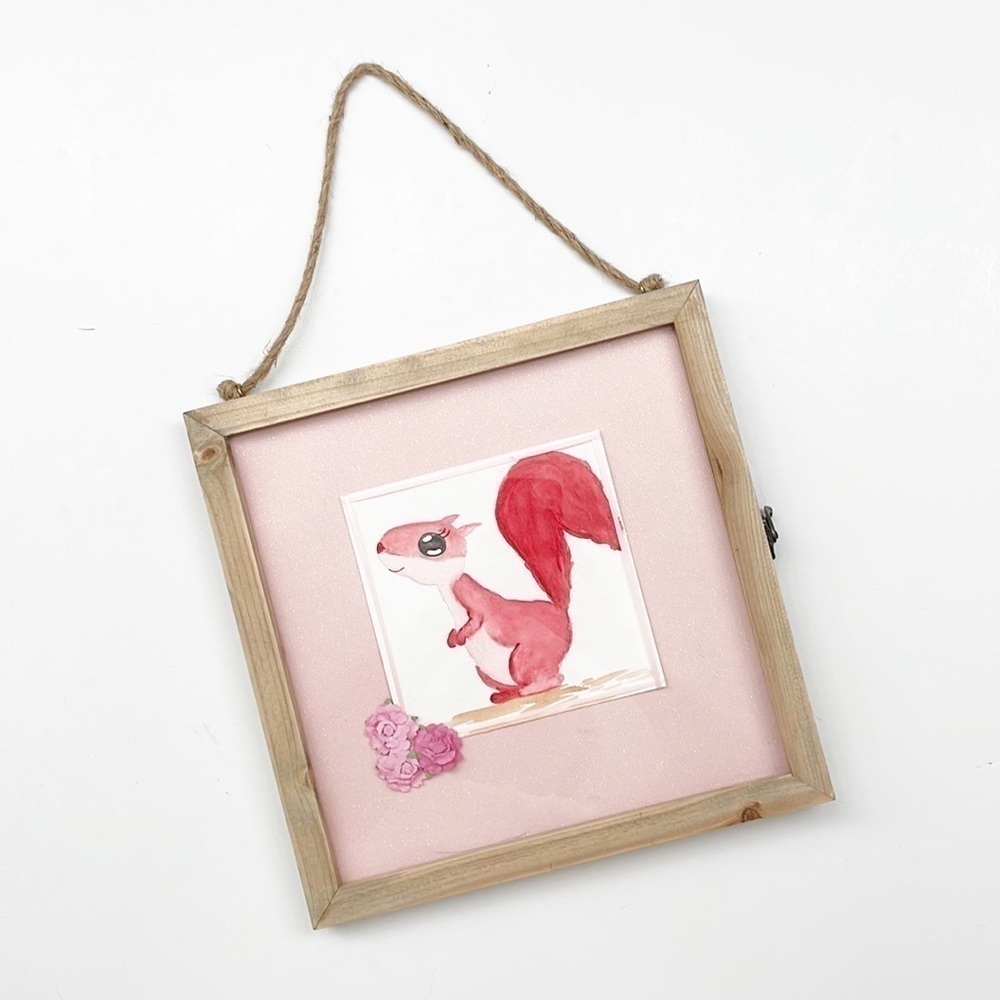 Watercolor squirrel glass/wooden shadowbox nursery wall decor